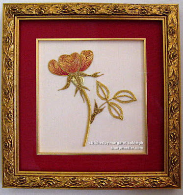 Completed and framed goldwork rose (from RSN class)