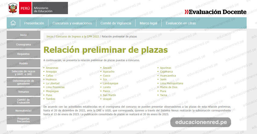 MINEDU: Relación Preliminar de Plazas para Nombramiento Docente 2022 (UGEL y DRE) www.minedu.gob.pe