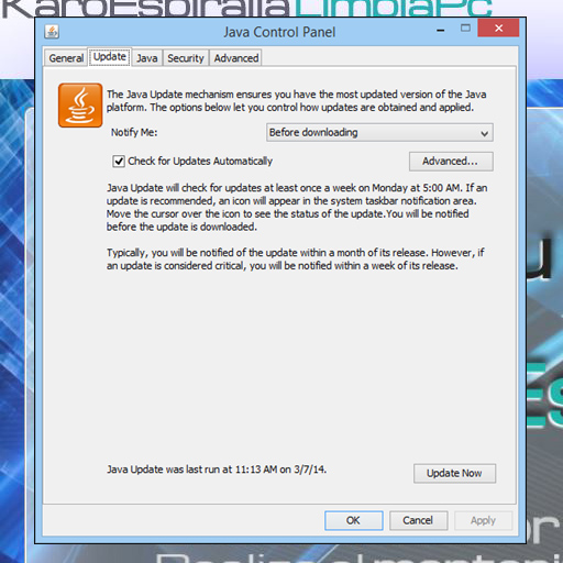 Panel de Control de Java: Actualizaciones