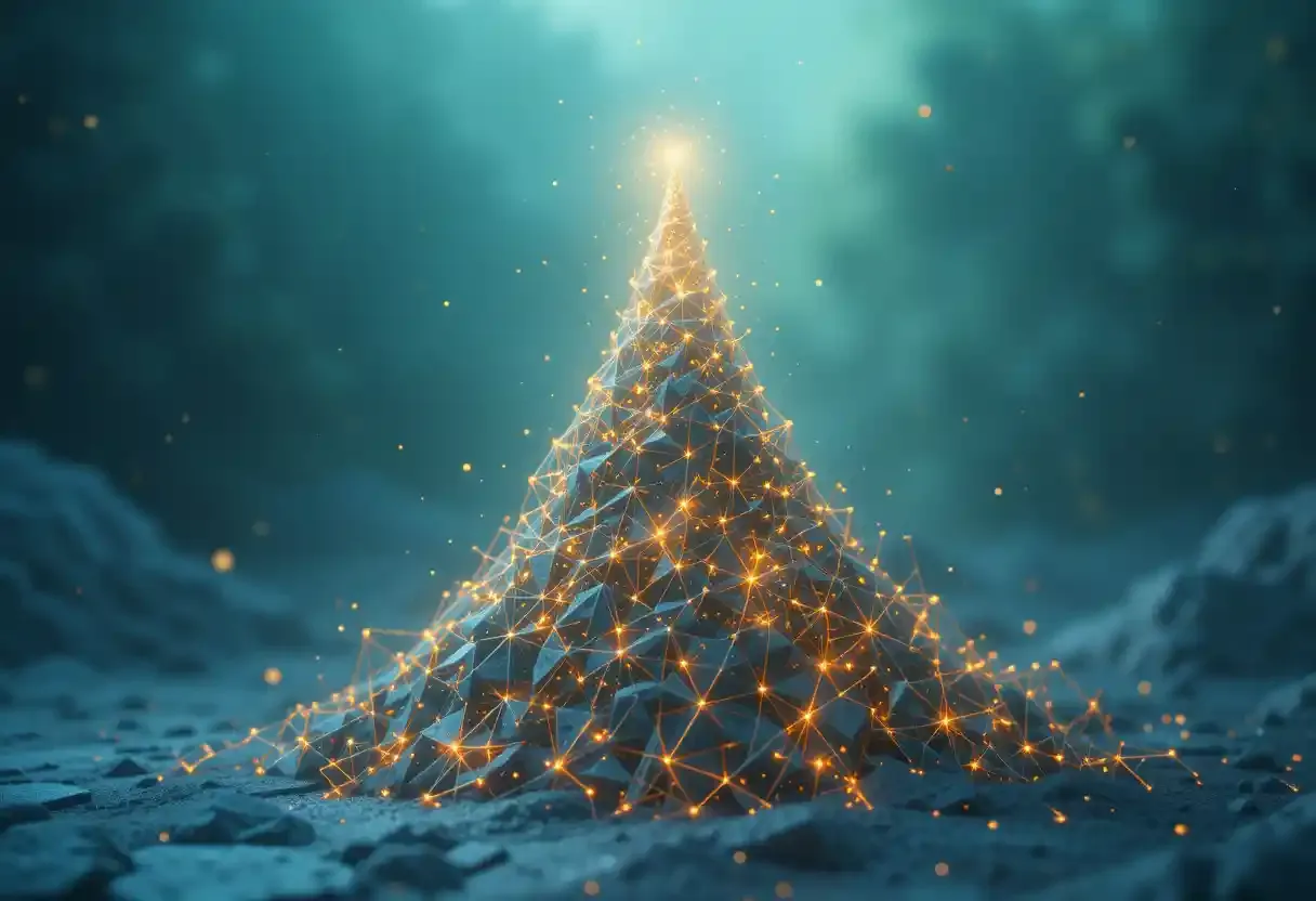 Abstract art showing small, glowing shapes stacking consistently to form a larger, stable structure, symbolizing the compounding power of small habits and micro-wins.