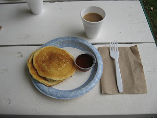 KOA Kafe basic free breakfast, two pancakes and syrup, coffee