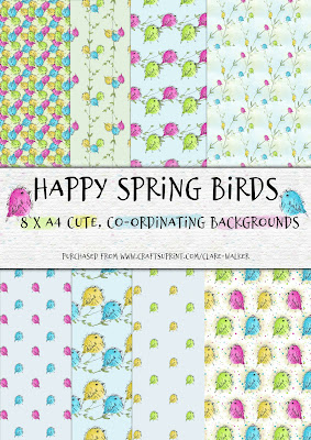 Image shows a mock-up of 8 background papers in shades of bright blue, pink, green, yellow and white, based on cute bird motifs.