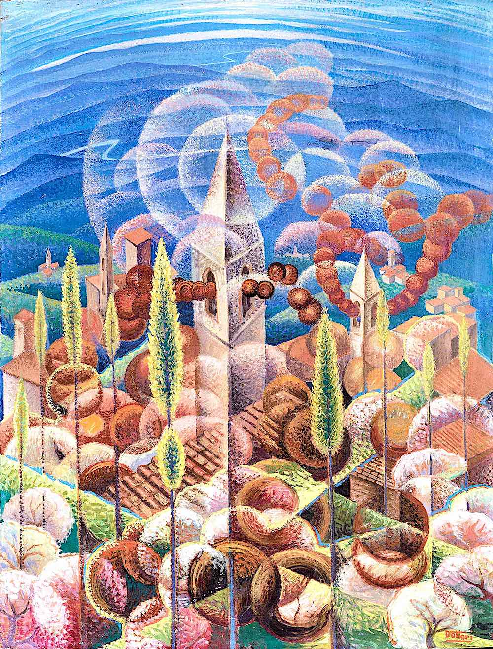 a 1930 Gerardo Dottori painting of an aerial birds-eye view of a town