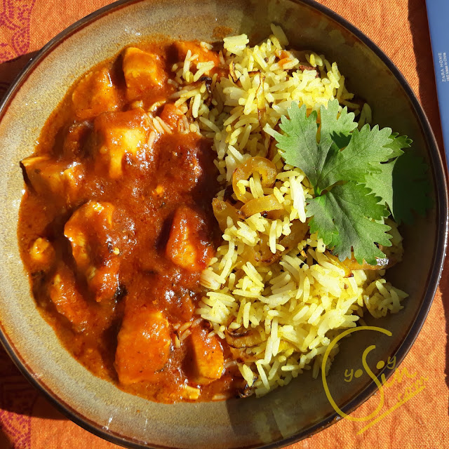 yosoysin, arroz, arroz pilaf, pollo, pollo tikka masala, con tenedor, india, internacional, salado, sin avena, sin gluten, sin huevo, sin lácteos, sin trigo