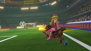 Peachette wiggling her legs on the Master Cycle Zero while driving through a soccer field