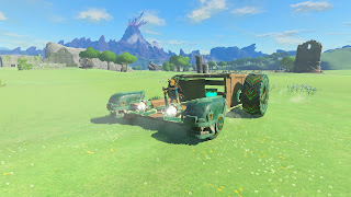 self-made car on Hyrule Field with wheels and headlights