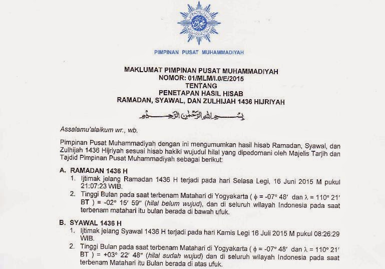 PP Muhammadiyah Tetapkan 1 Ramadlan 1436 H tanggal 18 Juni 