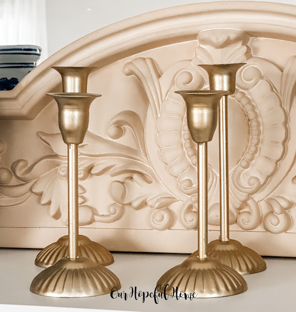 four gold taper candleholders from Dollar Tree