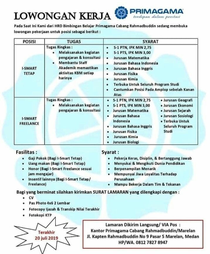 Lowongan Kerja Medan Di Bimbingan Belajar Primagama Loker Medan Desember 2019