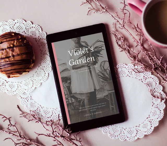 This is an vintage style black and white ebook cover featuring a Black American woman. She is shown from the nose down dressed in a 50s style knee length lingerie robe holding a potted calathea plant. She appears to be on a porch with lawn furniture and more potted plants behind her. The title reads "Violet's Garden: The full and extraordinary life of one family's matriarch by Lonsca O. Darman"