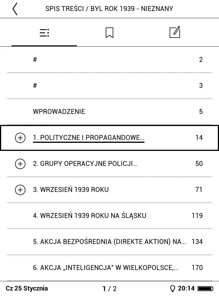 PocketBook Basic Lux - przykład zagnieżdżonego spisu treści