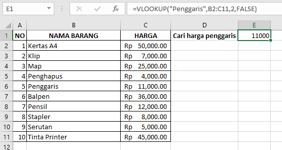 Contoh VLOOKUP dalam tabel harga barang