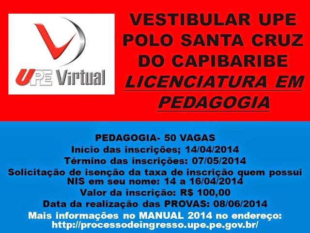 UPE Polo Santa Cruz do Capibaribe abre inscrições para 50 vagas para licenciatura em Pedagogia