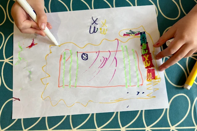 a 6 year old's drawing using magic colour changing pens