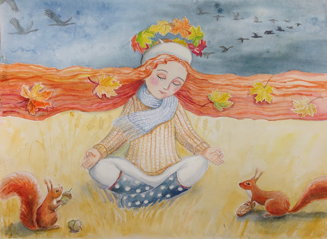 #yoga Autumn #meditation #mindfulness #AideArt #squirrel #marple #leavs #illustration #art #painting #aqarelle #watercolor