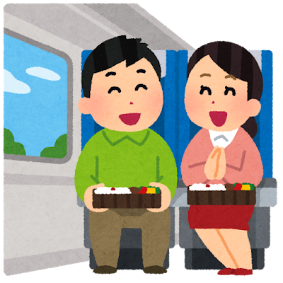 電車で旅行している人達のイラスト