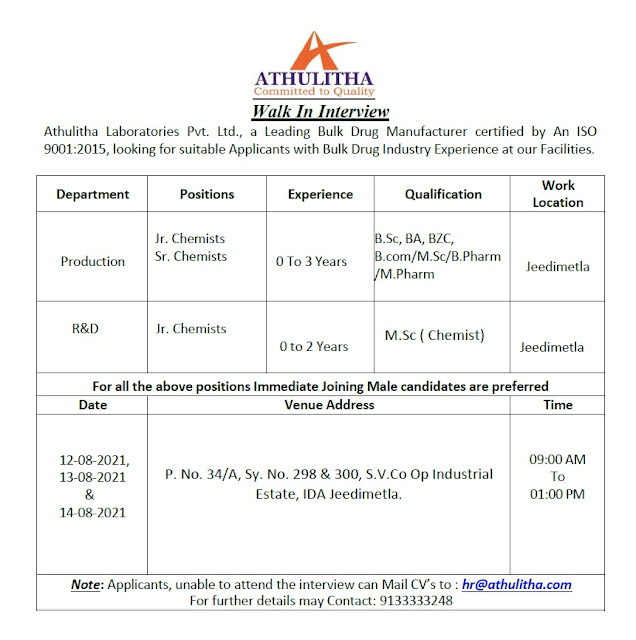 Job Availables, Athulitha Laboratories Pvt. Ltd  Walk-In for Freshers & Experienced For Bsc/ Msc/ B.Pharm/ M.Pharm/ BA/ BZC