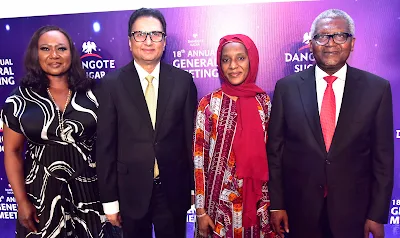 L-R: Company Secretary/Legal Adviser, Dangote Sugar Refinery Plc, Temitope Hassan; Group Managing Director/CEO, Dangote Sugar Refinery Plc, Ravindra Singhvi ; Executive Director, Dangote Sugar Refinery Plc, Mariya Aliko Dangote; and Chairman, Dangote Sugar Refinery Plc, Aliko Dangote, at the Dangote Sugar Refinery Plc 18th Annual General Meeting, on Tuesday, April 30, 2024 in Lagos.