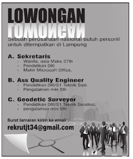 Lowongan Kerja SEKRETARIS, SURVEYOR dan ENGINEER