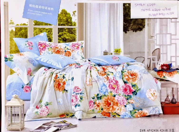 Sprei Satin Jepang Motif Bunga Biru Muda