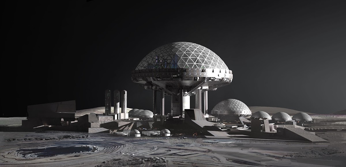 Moon colony concept art for Ad Astra by Finnian MacManus