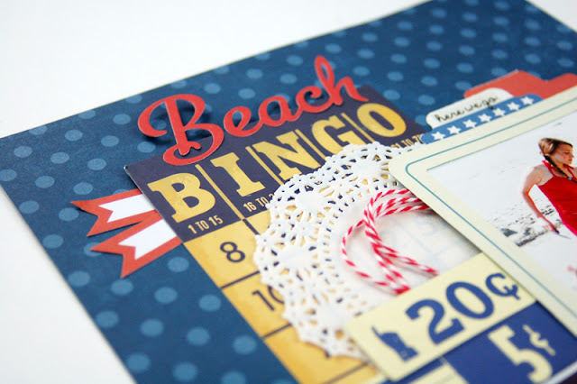 "Beach Bingo" nautical themed scrapbooking layout by Jen Gallacher. Includes instructional video. #scrapbooking #nauticalscrapbook