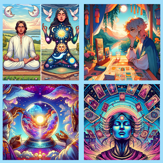 Four frames showing how to prepare to read tarot cards.  The first frame shows two people meditation in lotus position. The second frame shows a person meditating on the tarot spread in front of them in a desk. The third shows a crystal ball with a bright sun in the middle and colorful clouds, doves overhead, and two men trying to decipher the vision from the crystal ball. And the last frame shows a person with closed eyes and their third eye open, with tarot cards floating around them, to show they have deciphered their meaning, as in an epiphany.