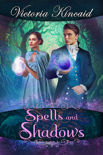 Book cover: Spells and Shadows - A Pride & Prejudice variation by Victoria Kincaid. Picture shows a young man and woman in Regency attire. They are in a creepy forest, with silhouettes of leafless trees. Both of them are holding what looks like a conjured ball of light