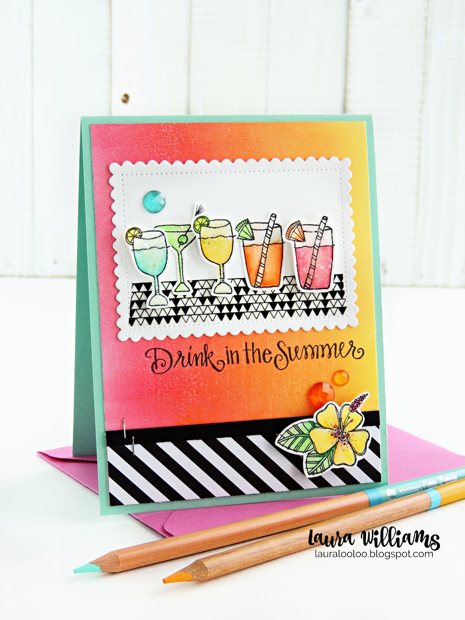 Drink in the Summer handmade summertime card making idea with Impression Obsession. Stamp and color colorful drinks and add to a Gel Press printed background for a tropical summer handmade card. Click to find all the details on this colorful card. #iostamps #cardmaking #stamping