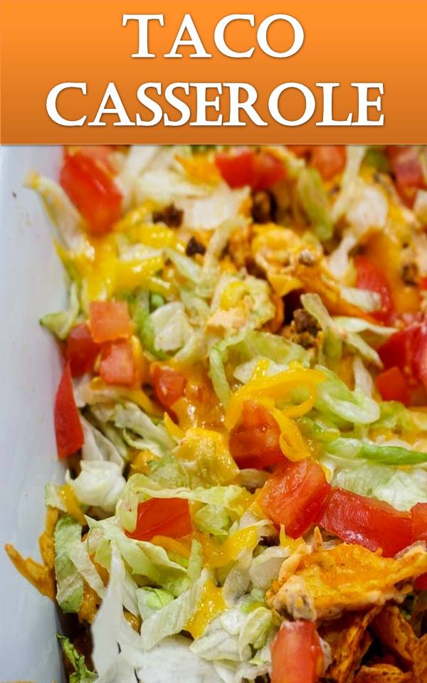 TACO CASSEROLE This Easy Taco Casserole will definitely dazzle your taste buds! It’s got all of the spicy flavor combinations you love, mellowed perfectly by the cream cheese and cheddar cheese (and a surprise crust that makes for a totally delicious and unexpected flavor). It’s a casserole that will be requested often in your household! INGREDIENTS 1 lb ground beef cooked and crumbled 1 packet taco seasoning 2 cups Doritos crushed 8 oz cream cheese room temp 1/2 cup salsa 2 cups cheddar cheese shredded and divided 2 cups shredded lettuce 2 tomatoes diced INSTRUCTIONS Grease a 9x13 baking dish and add the crushed Doritos to the bottom of the pan. Cook ground beef and add taco seasoning as directed on the package. Spoon ground beef onto the crushed doritos. In a medium sized mixing bowl, beat cream cheese, slowly add in salsa. Once thoroughly mixed, top ground beef with cream cheese mixture. Top with 1 1/2 cups of shredded cheese. Bake at 350 degrees 25-30 minutes, or until hot & bubbly. Top cheese with shredded lettuce, diced tomatoes and remaining 1/2 cup cheese.
