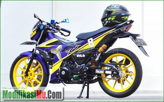 Modifikasi Satria F Yu F150 2019 Warna Ungu Kuning Mewah 