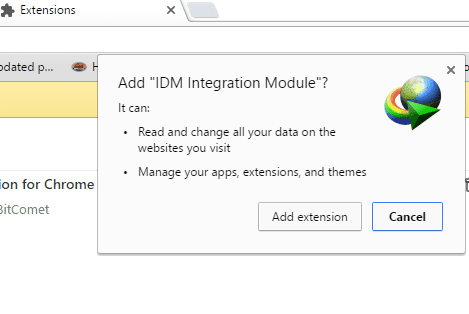 تأكيد تثبيت اضافة IDM في كروم