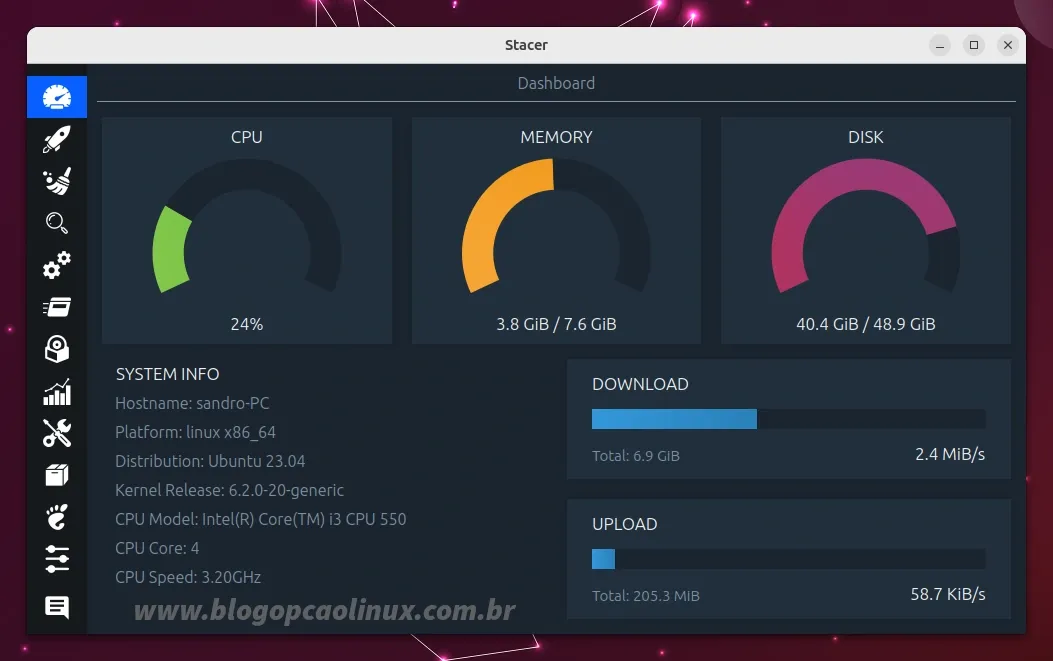 Stacer executando no Ubuntu 23.04 (Lunar Lobster)