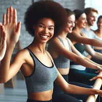 Image of a group of people doing Barre workout together with smiles and high fives