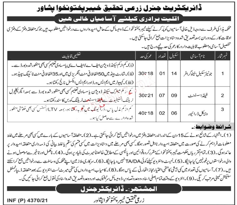 Agriculture Research Department Latest Jobs  Field Assistant , Vehicle Driver & other