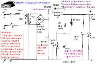 Simple 1A Variable Regulated Power Supply Circuit Diagram