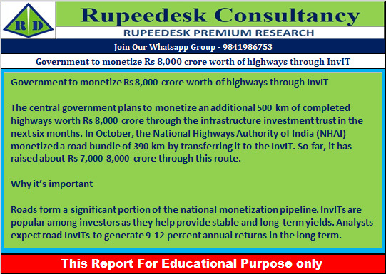 Government to monetize Rs 8,000 crore worth of highways through InvIT - Rupeedesk Reports - 11.07.2022