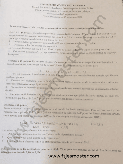 Exemple Concours Master Ingénierie Économique Financière Publique 2022-2023 - Fsjes Salé