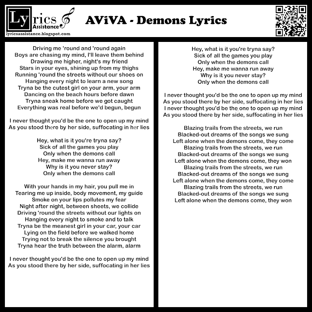 AViVA - Demons Lyrics | lyricsassistance.blogspot.com
