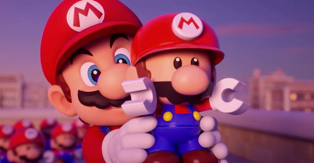Imagem de Mario em Mario vs. Donkey Kong em que o personagem está segurando um boneco de dar corda parecido com ele.
