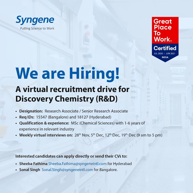 Syngene International | Weekly Virtual Interviews for Multiple Positions on 28th Nov& 5, 12 & 19th Dec 2020