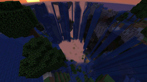 "A Minecraft 1.91 seed featuring a large sinkhole with a village at the bottom"