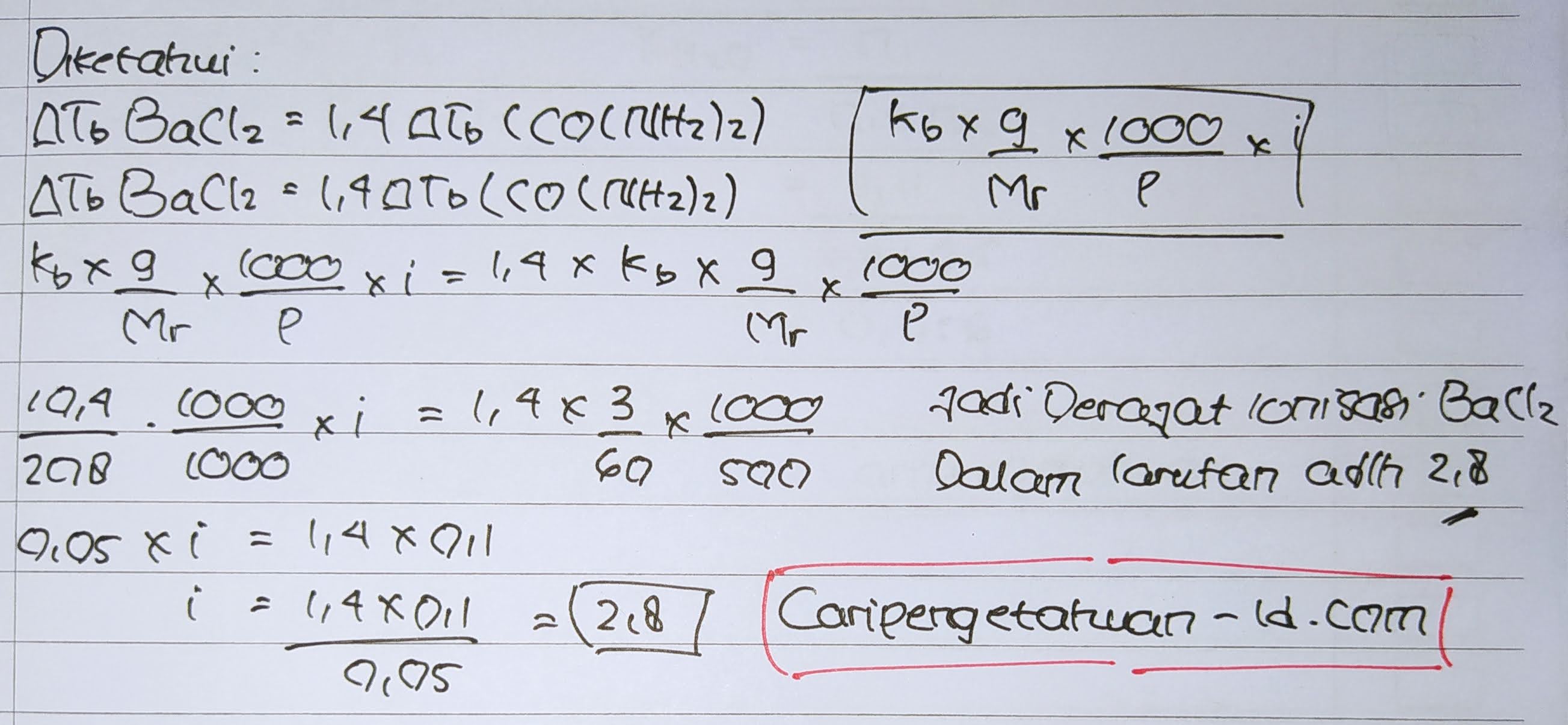 10,4 gram BaCl2 yang dilarutkan dalam 1000 gram air ternyata mempunyai kenaikan titik didih 1,4 kali kenaikan titik didih 3 gram urea (CO(NH2)2) yang dilarutkan dalam 500 gram air. Derajat ionisasi BaCl2 dalam larutan adalah …. (Mr BaCl = 208, urea = 60)