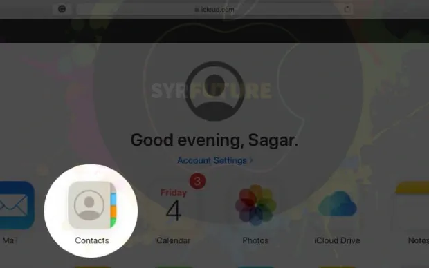 انقر فوق جهات الاتصال في حساب iCloud على الكمبيوتر