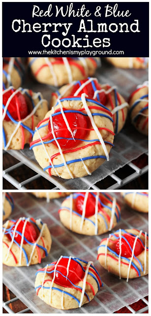 Red White & Blue Cherry Almond Cookies ~ These fun little cookies pair perfectly with those 4th of July fireworks!   www.thekitchenismyplayground.com