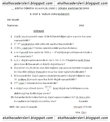 9.sınıf lise 1 matematik 2.dönem 1.yazılı soruları