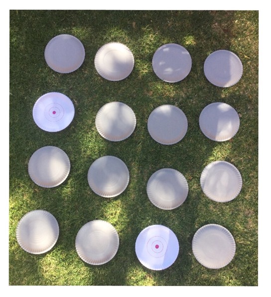 use 16 plates to make a simple game for toddler or preschoolers