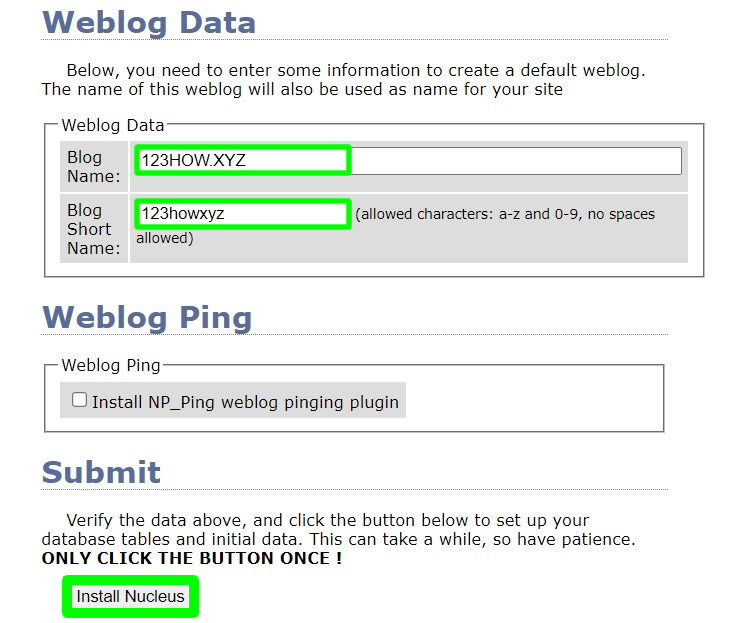 nucleus cms installation weblog data and weblog ping