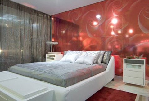 Master bedroom for romantic couples. White, red and gray colors