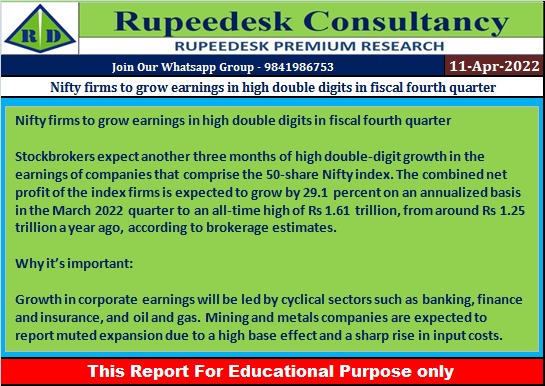 Nifty firms to grow earnings in high double digits in fiscal fourth quarter - Rupeedesk Reports - 11.04.2022